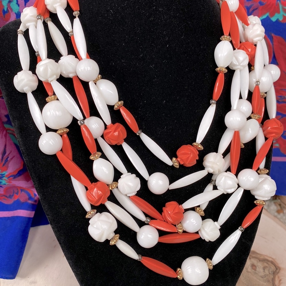 VTG- 6 Strands of Hand-Beaded Carved Celluloid Floral Bead Necklace